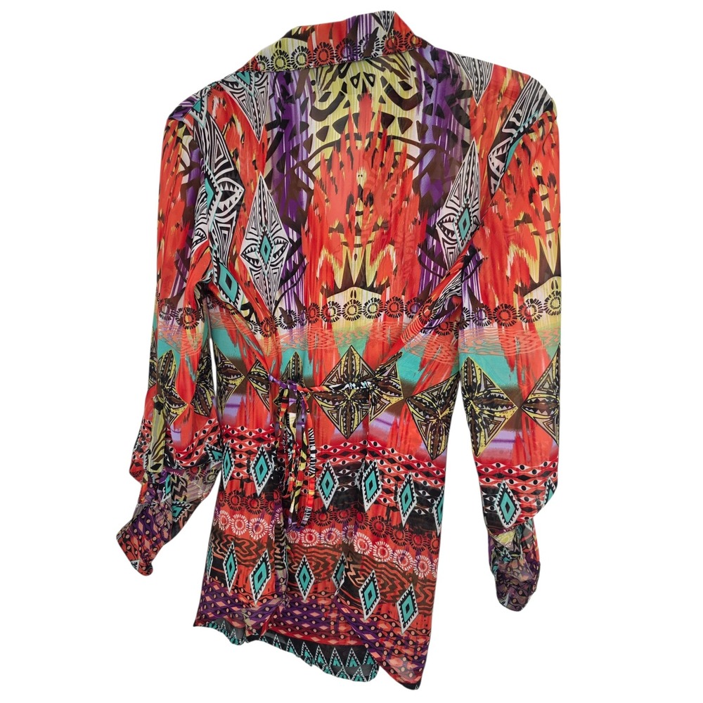 Emma K Womens Multicolor Geometric Tribal Print Tie Back Button Down Blouse S - Picture 2 of 11